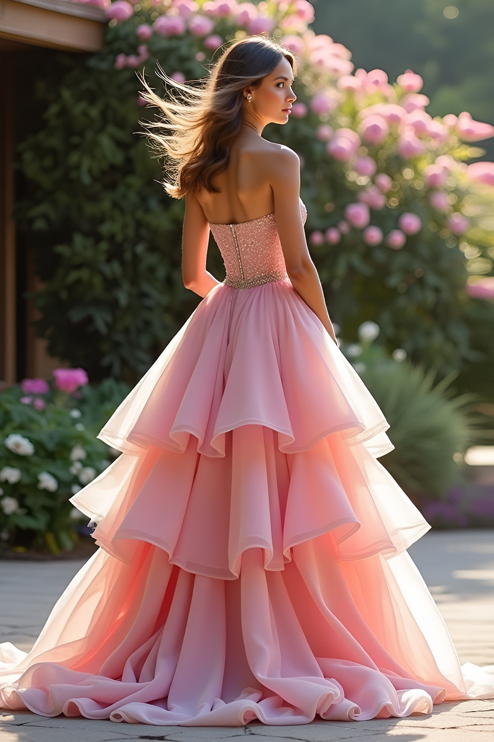 Robe de bal longue rose trapèze à volants