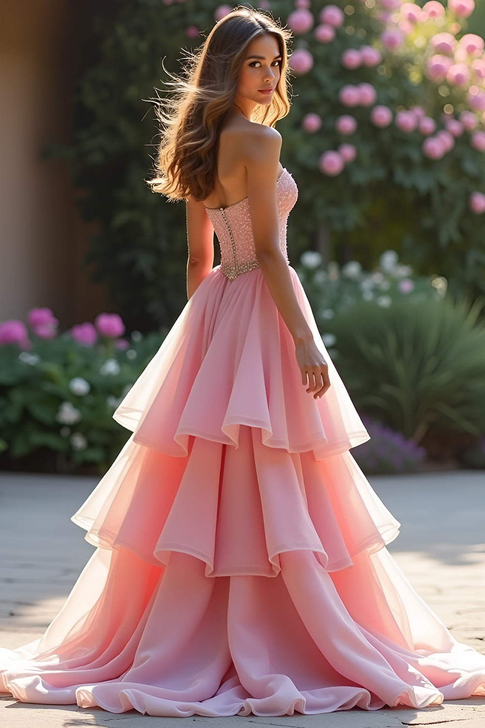 Vestido largo de fiesta rosa de corte línea A con volantes