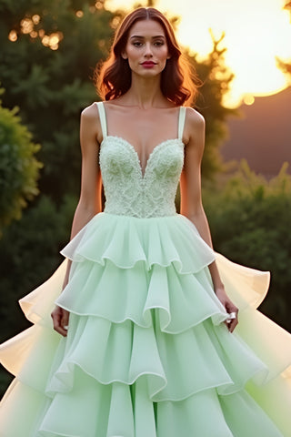 Vestido de gala largo verde con volantes y capas