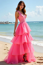 Vestido largo de fiesta de corte A, rosa fucsia con cuentas y volantes