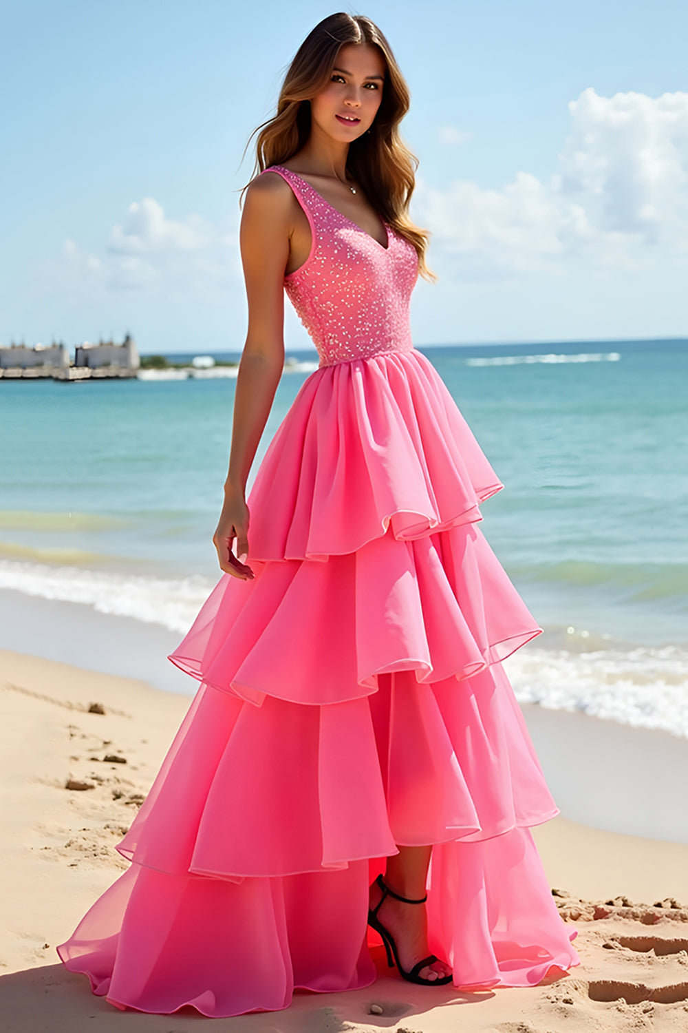 Vestido largo de fiesta de corte A, rosa fucsia con cuentas y volantes