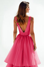 Vestido largo de fiesta de corte A, rosa fucsia con cuentas y volantes
