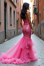 Robe de bal longue fourreau rose fuchsia à paillettes avec fente