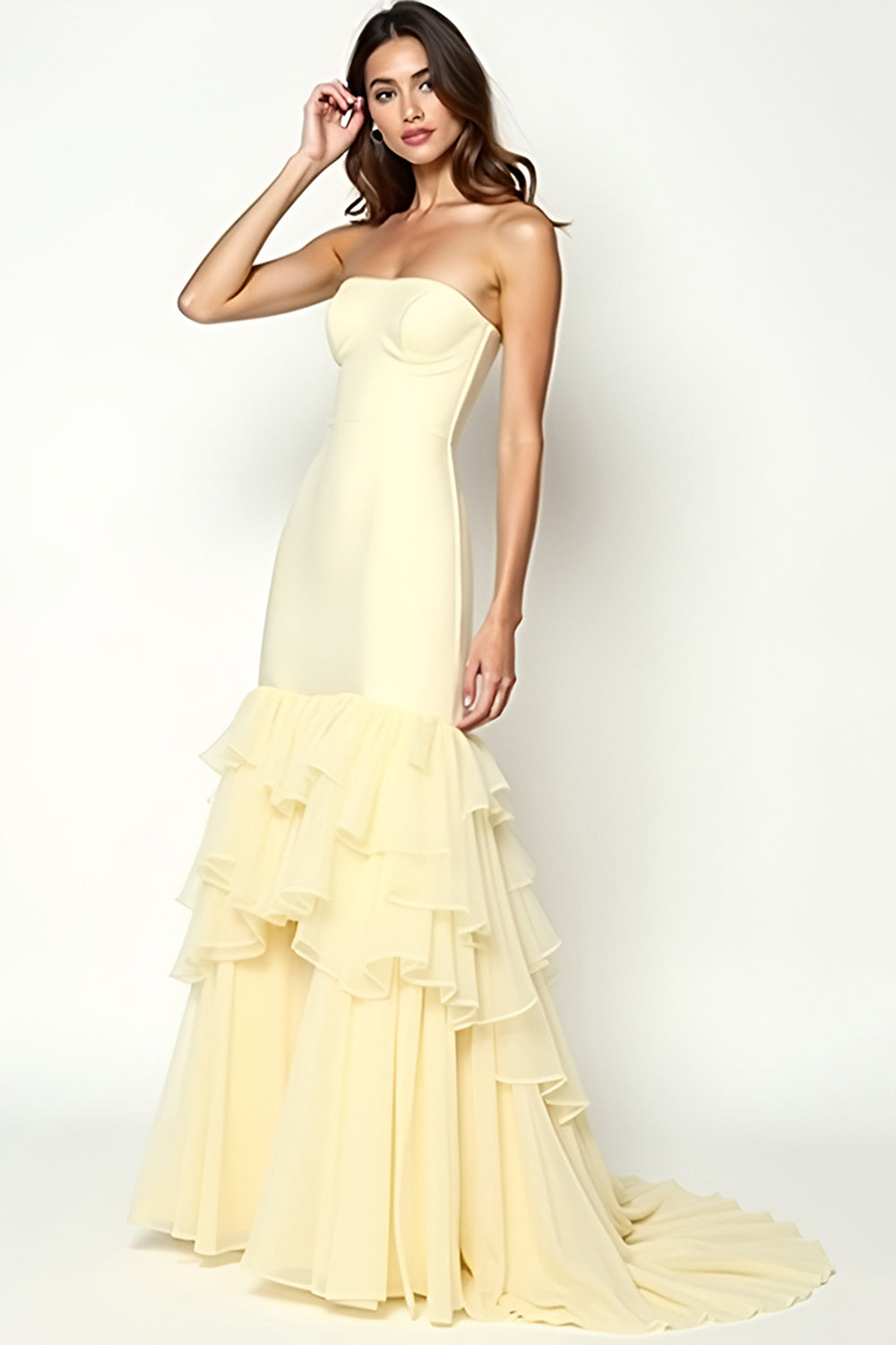 Yellow Square Neck Sheath Long Prom Dress with Ruffles
