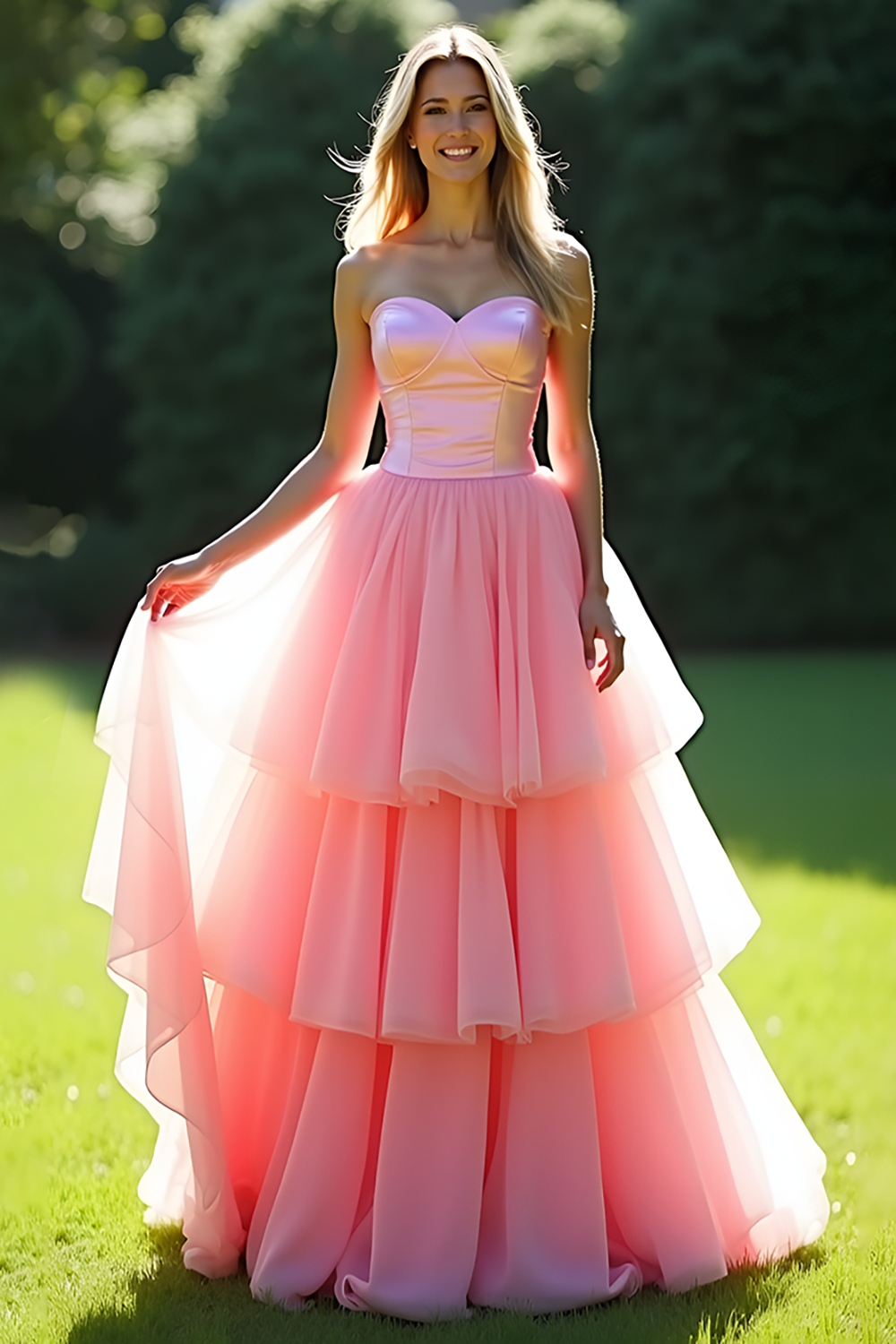 Vestido largo de fiesta rosa con escote corazón y corte en A