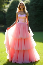Vestido largo de fiesta rosa con escote corazón y corte en A
