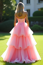 Vestido largo de fiesta rosa con escote corazón y corte en A