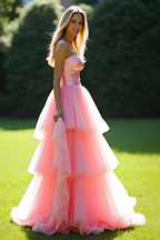 Vestido largo de fiesta rosa con escote corazón y corte en A