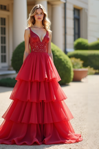 Vestido largo de fiesta rojo de corte A con volantes y pedrería