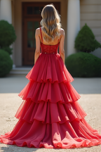 Vestido largo de fiesta rojo de corte A con volantes y pedrería