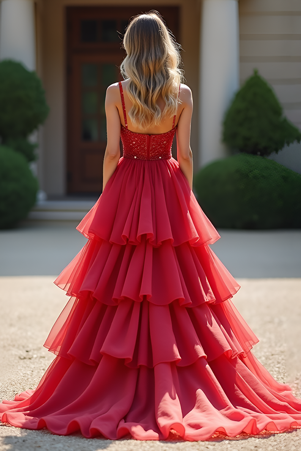 Vestido largo de fiesta rojo de corte A con volantes y pedrería
