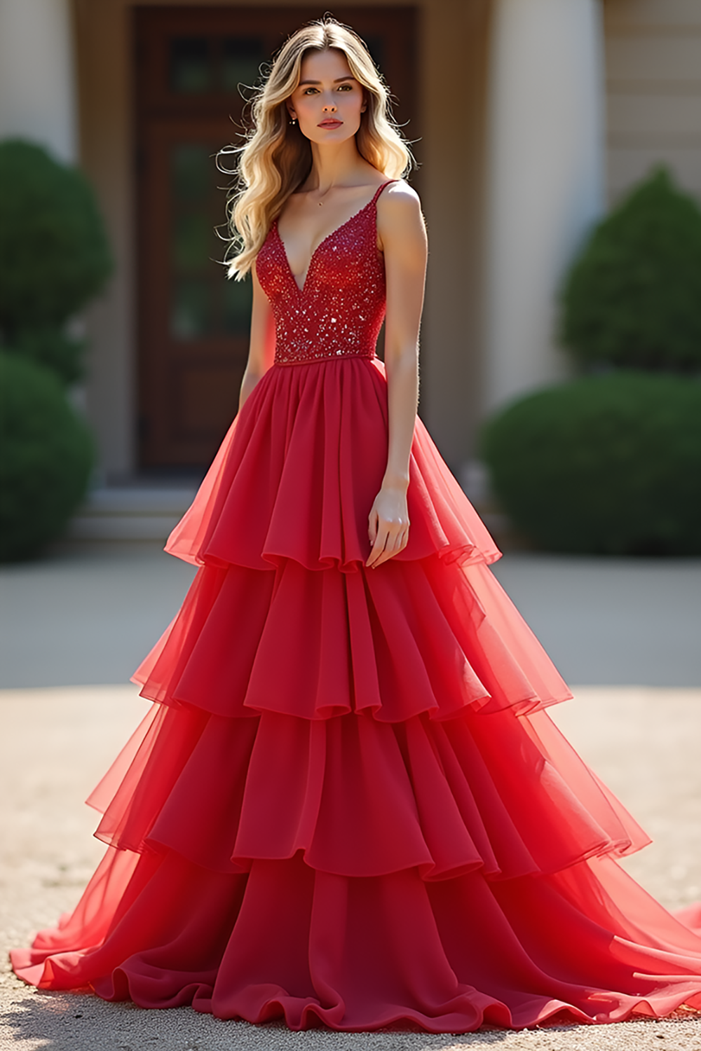 Vestido largo de fiesta rojo de corte A con volantes y pedrería
