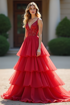 Vestido largo de fiesta rojo de corte A con volantes y pedrería
