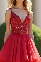 Vestido largo de fiesta rojo de corte A con volantes y pedrería