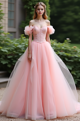 Robe de bal longue rose en tulle et dentelle avec volants