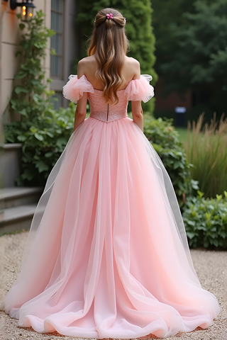 Robe de bal longue rose en tulle et dentelle avec volants
