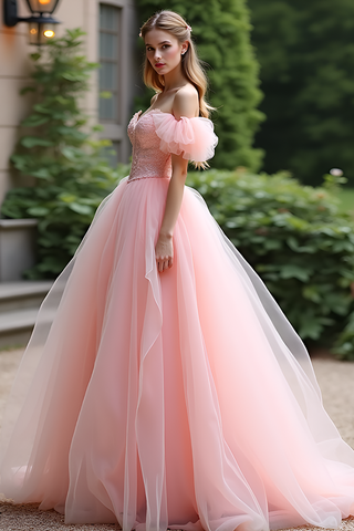 Robe de bal longue rose en tulle et dentelle avec volants