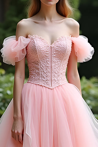 Robe de bal longue rose en tulle et dentelle avec volants