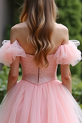 Robe de bal longue rose en tulle et dentelle avec volants