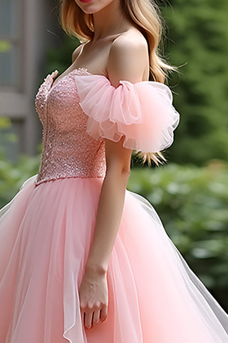 Robe de bal longue rose en tulle et dentelle avec volants