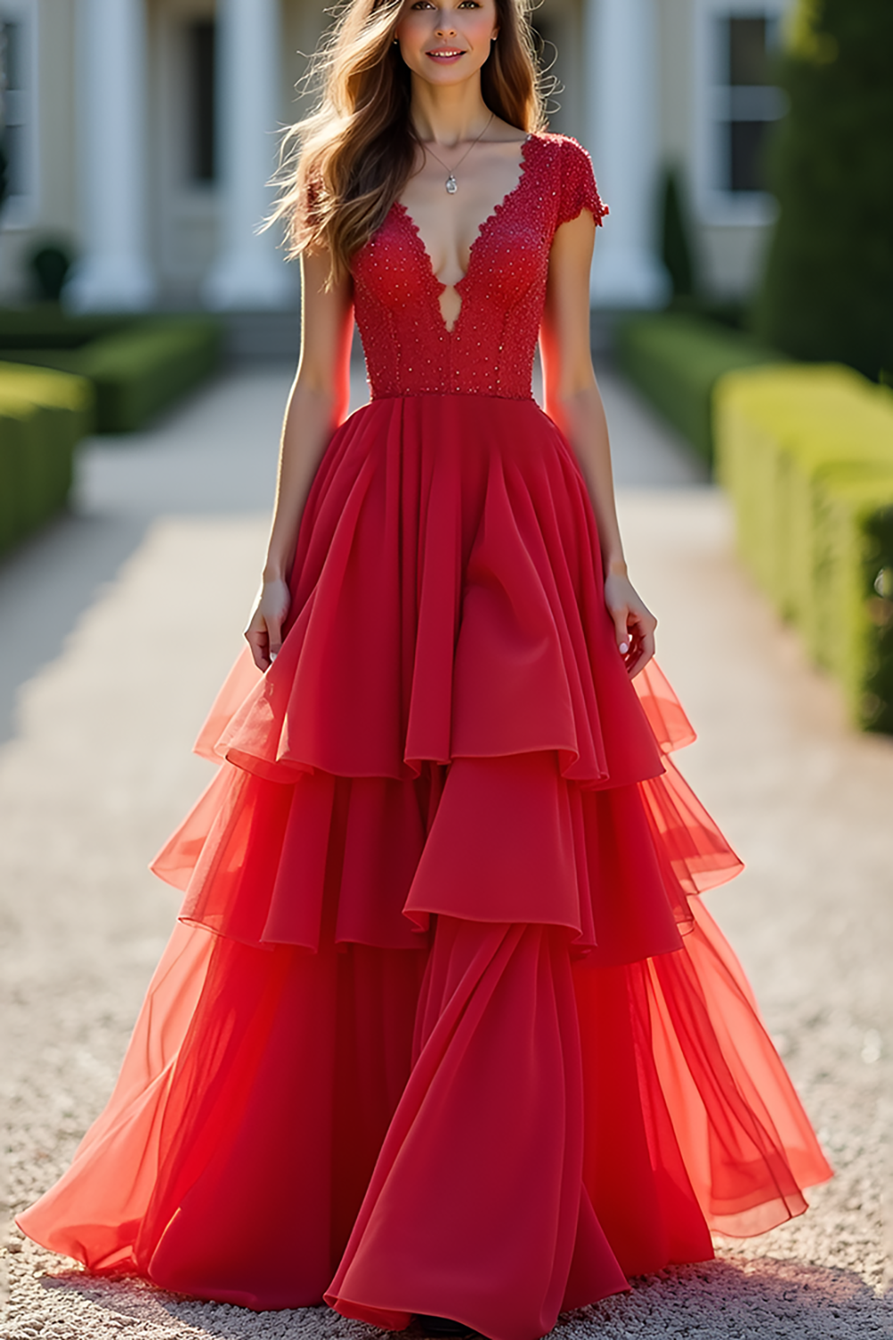 Vestido largo de fiesta rojo de encaje con escote en V profundo y falda escalonada en línea A