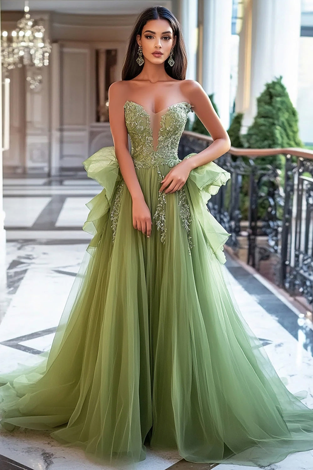 Vestido largo de fiesta de tul color verde salvia empolvado con corte en A y apliques de encaje