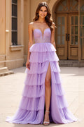 Robe de bal longue lilas bustier trapèze avec fente