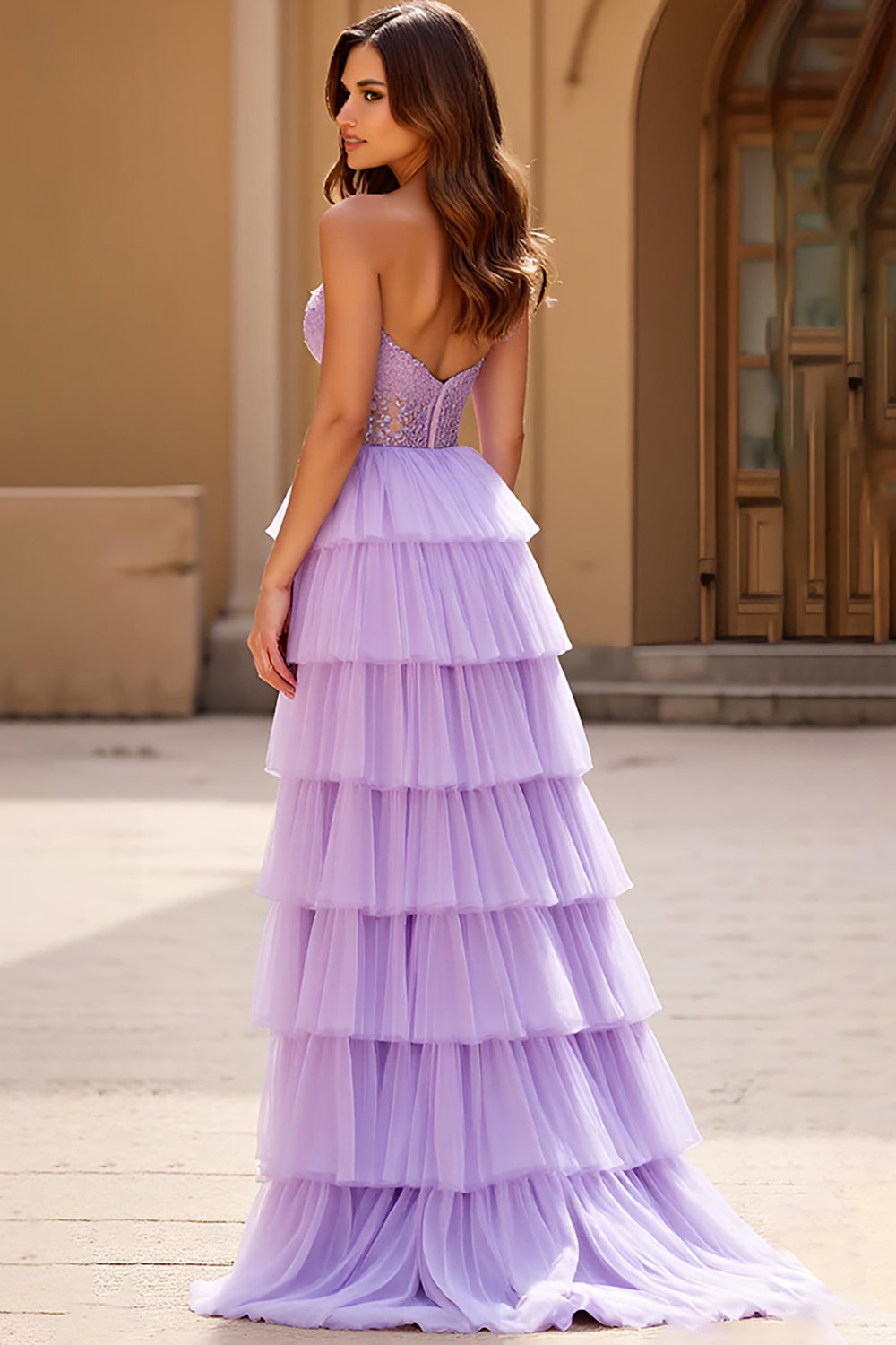 Robe de bal longue lilas bustier trapèze avec fente