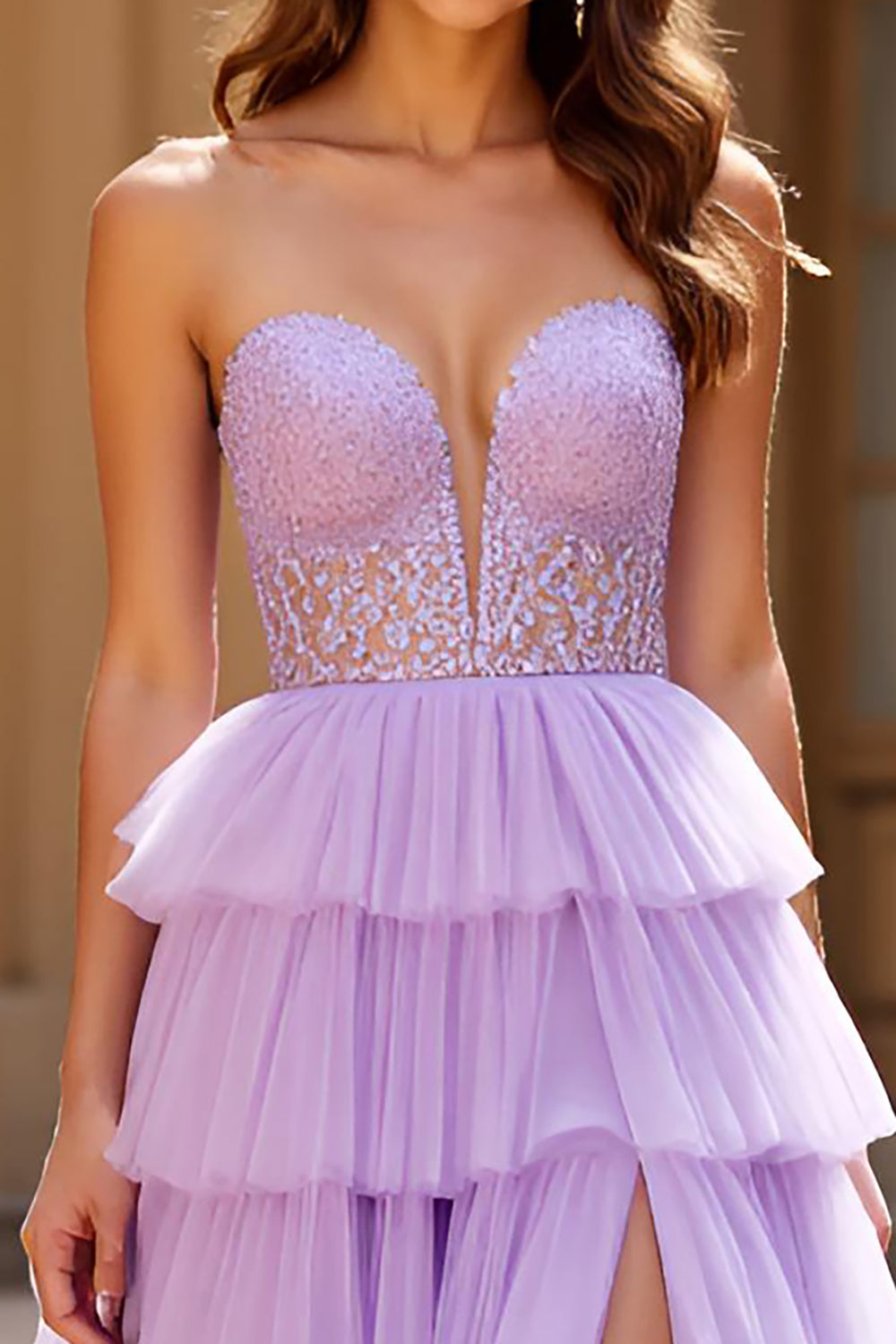 Robe de bal longue lilas bustier trapèze avec fente