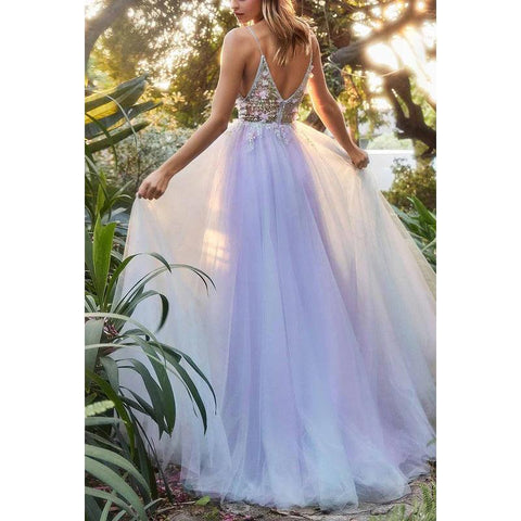 V-Neck Floral Appliqued Beaded Sheer Tulle A-Line Long Prom Evening Dress