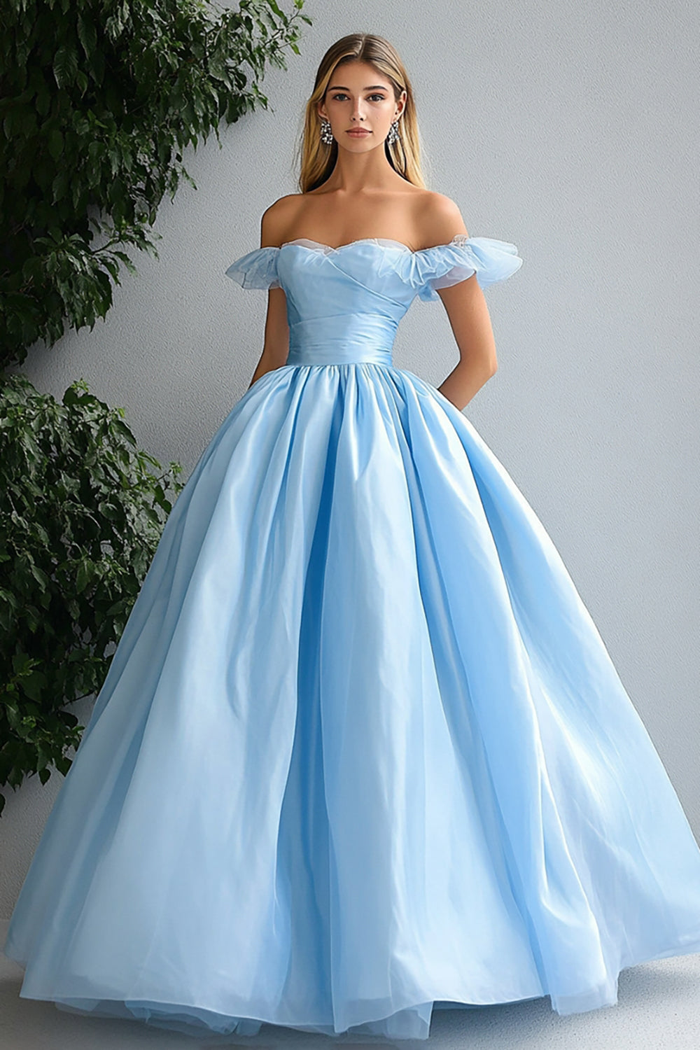Robe de bal longue bleu ciel à épaules dénudées, décolleté cœur