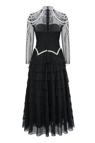 Vestido largo de noche de tul con cintura baja y cuentas de perlas de cristal de lujo 