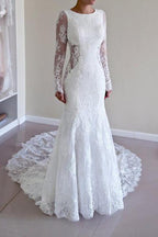 Baoleely White Lace Mermaid Long Sleeve Backless Wedding Dresses with Sweep Train, MW181