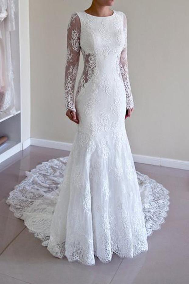 Baoleely White Lace Mermaid Long Sleeve Backless Wedding Dresses with Sweep Train, MW181