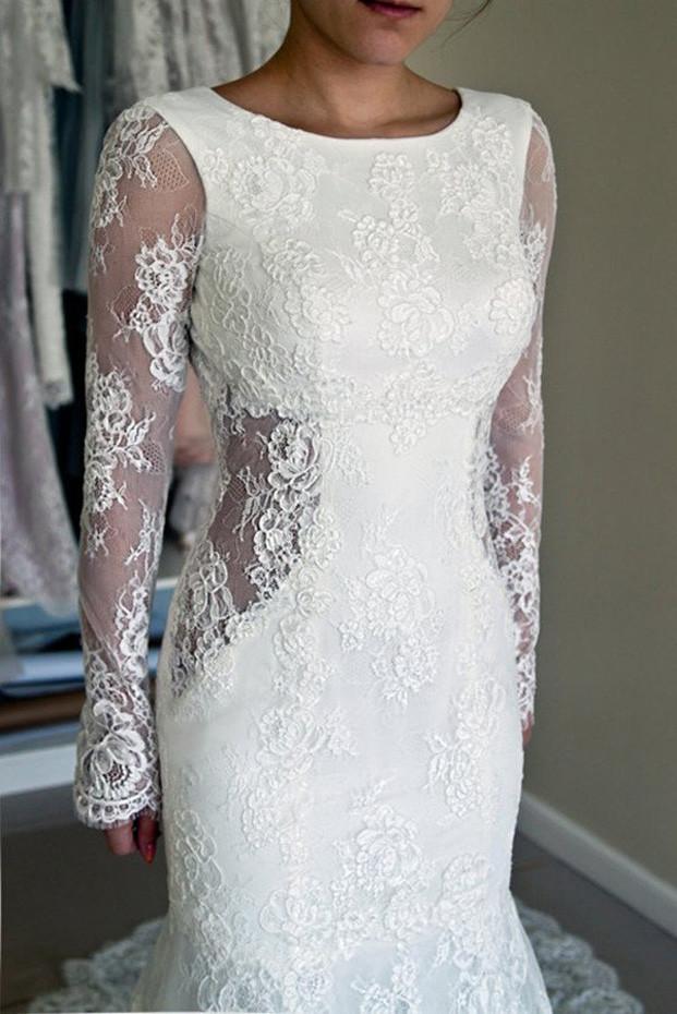 Baoleely White Lace Mermaid Long Sleeve Backless Wedding Dresses with Sweep Train, MW181