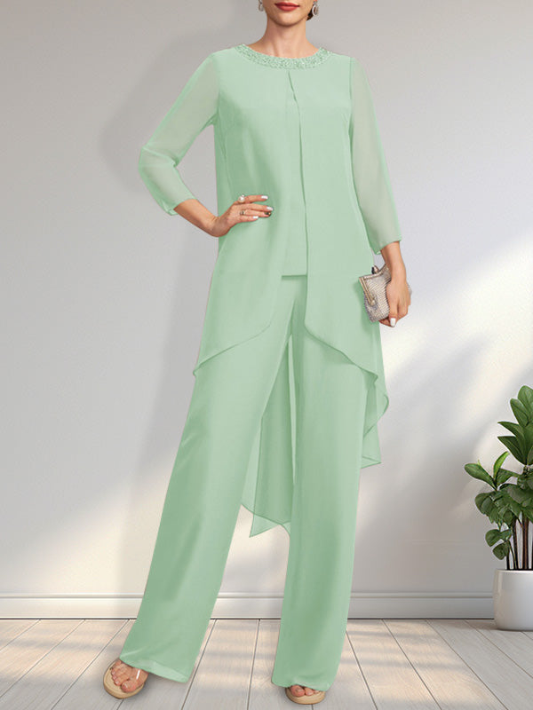 Vestido de dos piezas para la madre de la novia: mono/pantalón de gasa con escote redondo y largo hasta el suelo, adornado con lentejuelas y pedrería.