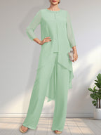 Vestido de dos piezas para la madre de la novia: mono/pantalón de gasa con escote redondo y largo hasta el suelo, adornado con lentejuelas y pedrería.