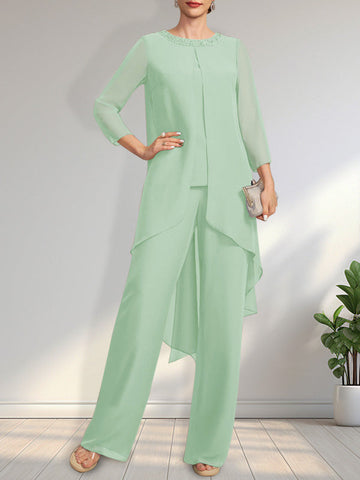 Separates Jumpsuit/Pantsuit Scoop Floor-Length Chiffon Mother of the Bride Dress With Sequins Beading