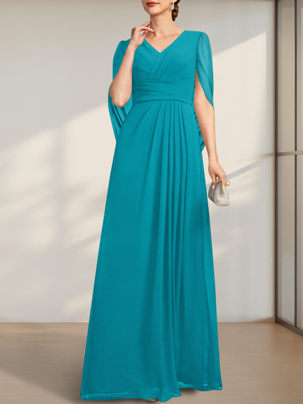 Robe de mère de la mariée en mousseline de soie, coupe trapèze, col en V, longueur au sol, avec plis.