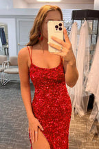 Robe de bal longue rose fuchsia sexy à paillettes et sequins sirène, dos nu