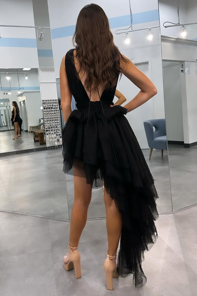 Vestidos de fiesta de corte línea A con escote en V y bajo irregular