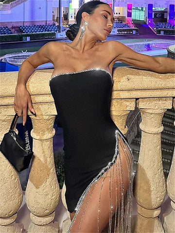 Robe mini TARUXY fendue sur le côté pour femme, ornée de strass et de franges, robe sexy pour soirée en club, sans manches. 