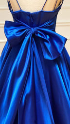 Vestidos de fiesta azul real de satén con escote en V y corte en A, modelo Y1163