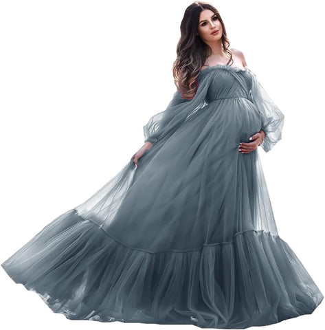 Puffy Sleeve Maternity Dress Tulle Robe for Photoshoot Off Shoulder Pregnancy Baby Shower Gown