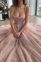 Vestido de fiesta de corte A con tirantes finos, color rosa pálido y largo hasta la rodilla