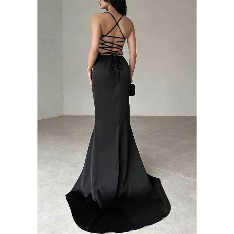 Vestido de fiesta de graduación de noche sencillo con cordones y sin tirantes tipo trompeta 
