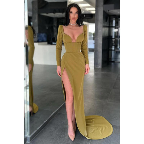 Robe de soirée sexy à col en V et manches longues fendues 