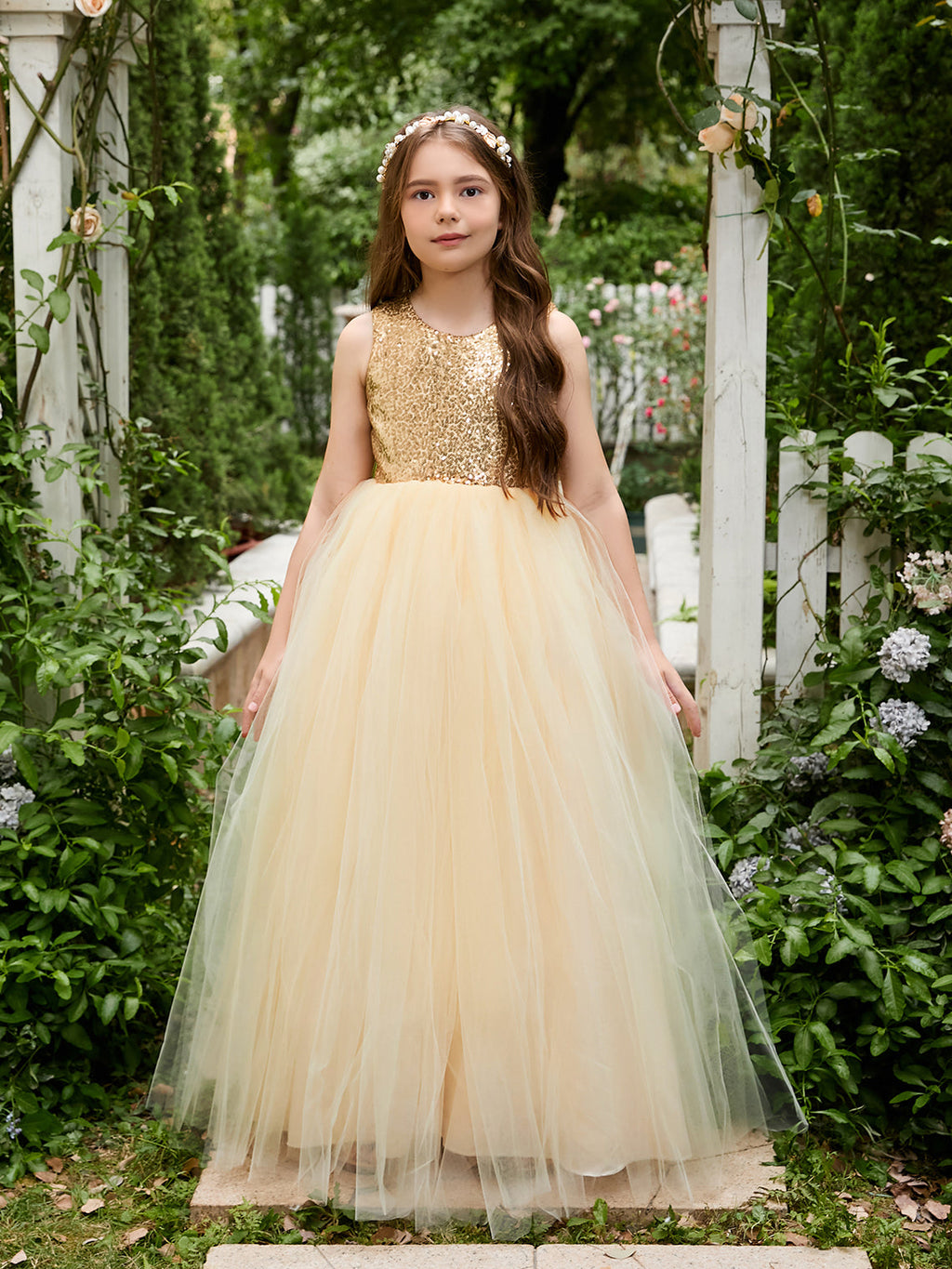 Vestido de princesa/de princesa de tul hasta el suelo para niña de las flores, color champán 