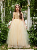 Vestido de princesa/de princesa de tul hasta el suelo para niña de las flores, color champán 