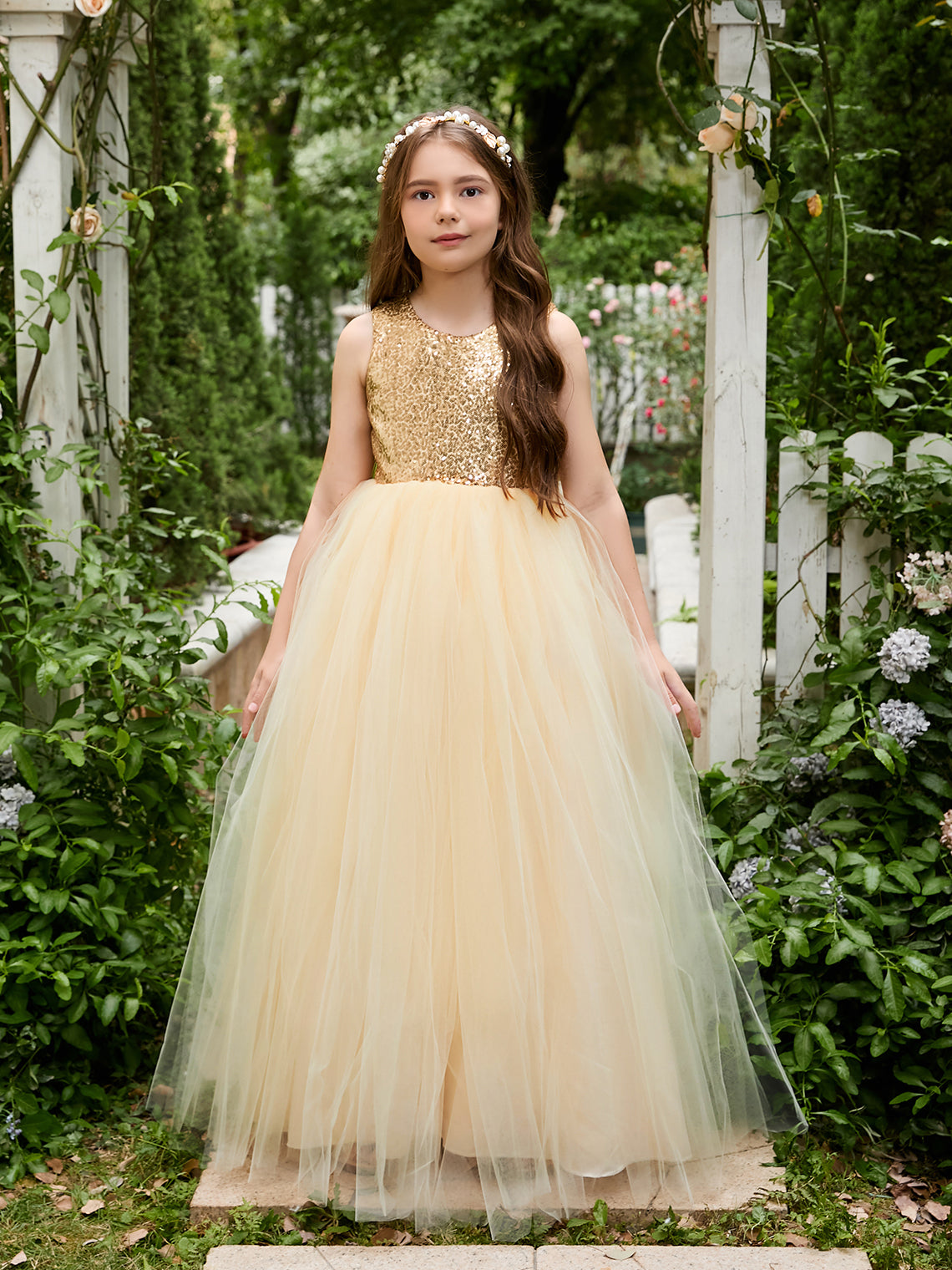 Vestido de princesa/de princesa de tul hasta el suelo para niña de las flores, color champán 